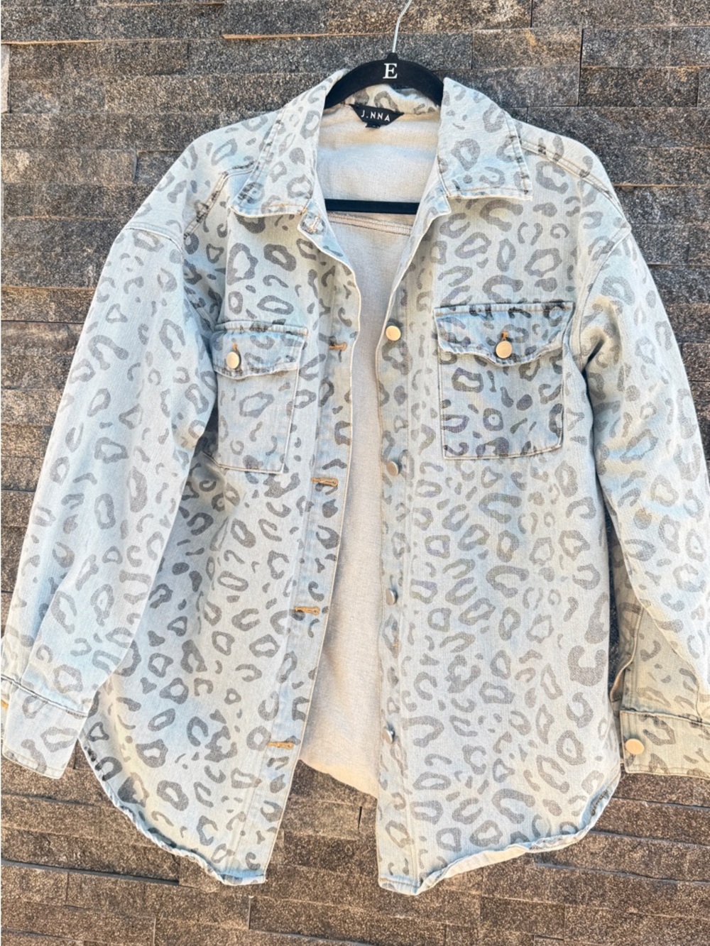 Light Wash Leopard Print Oversized Denim Shacket - Light Blue